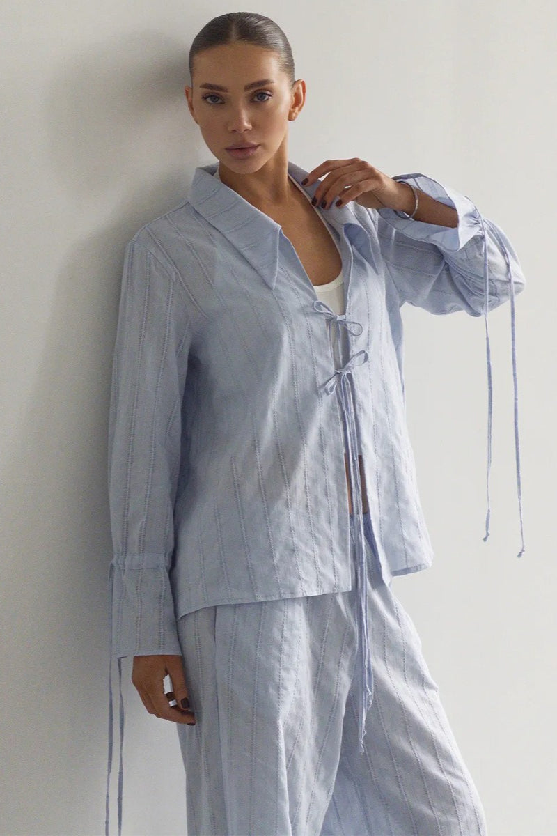 Collared Tie Front Sheer Shirt Pants Set
