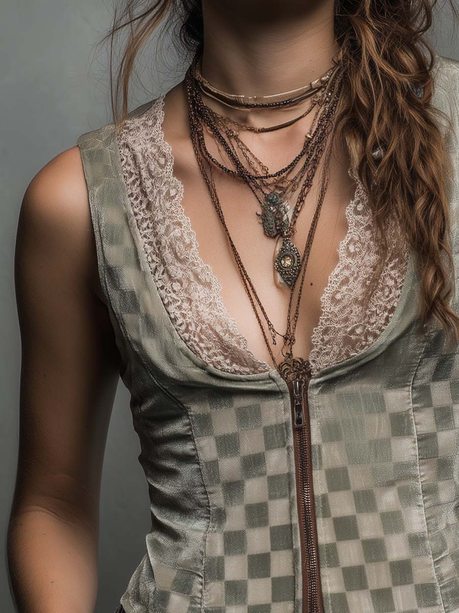 Sage Moss Check Zip-Front Lace-Trim Vest Top