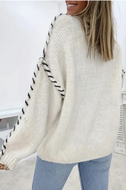 Contrast Lace Detail Crew Neck Knit Sweater