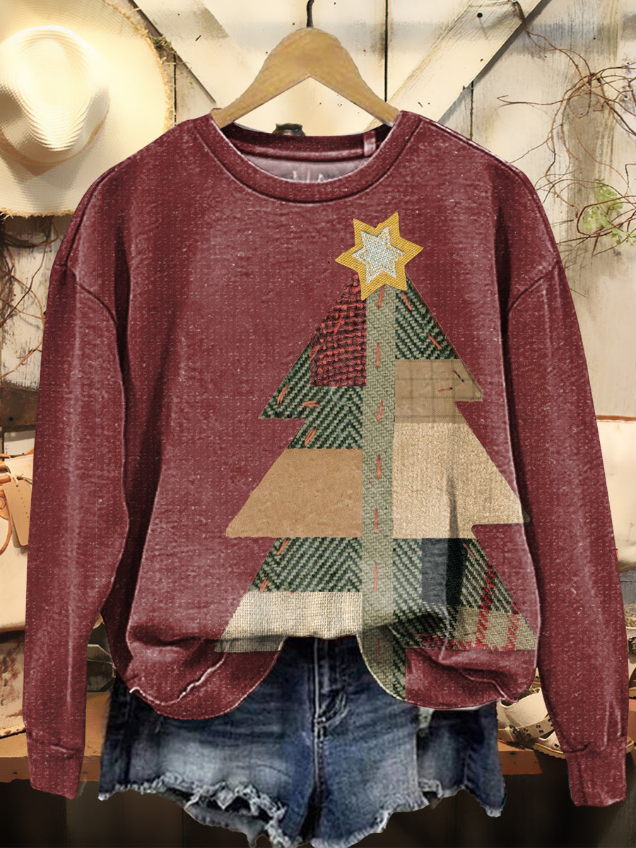 Women's Vintage Christmas Tree Collage Art Pattern Print Casual Crew Neck Sweatshirt