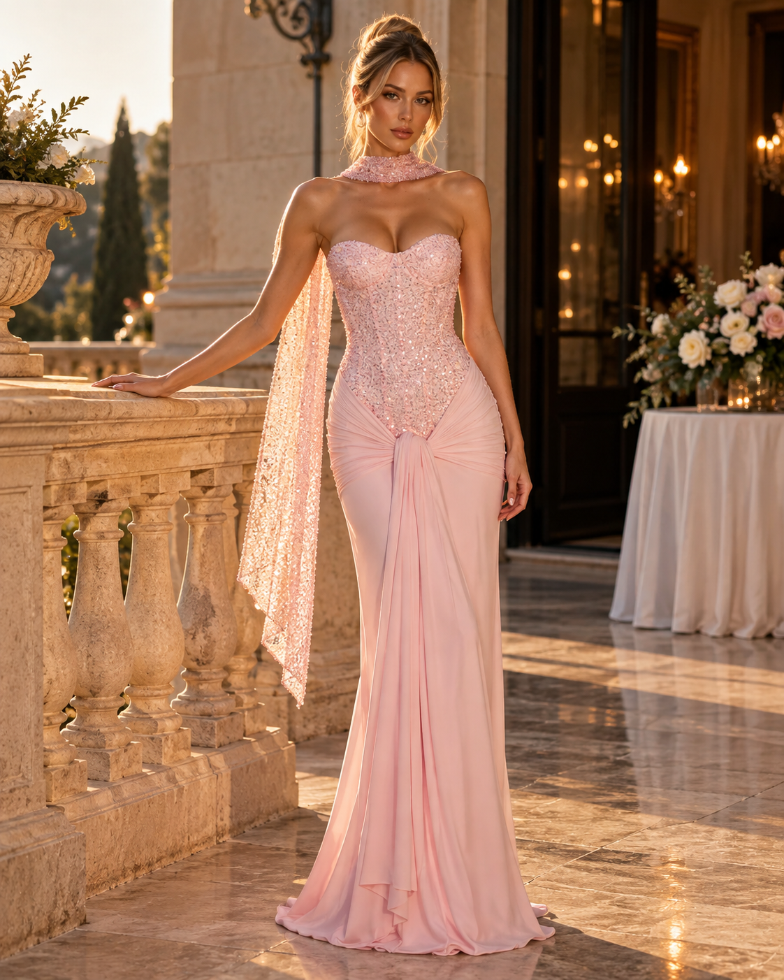 Embellished Sweetheart Strapless Ruched Maxi Dress