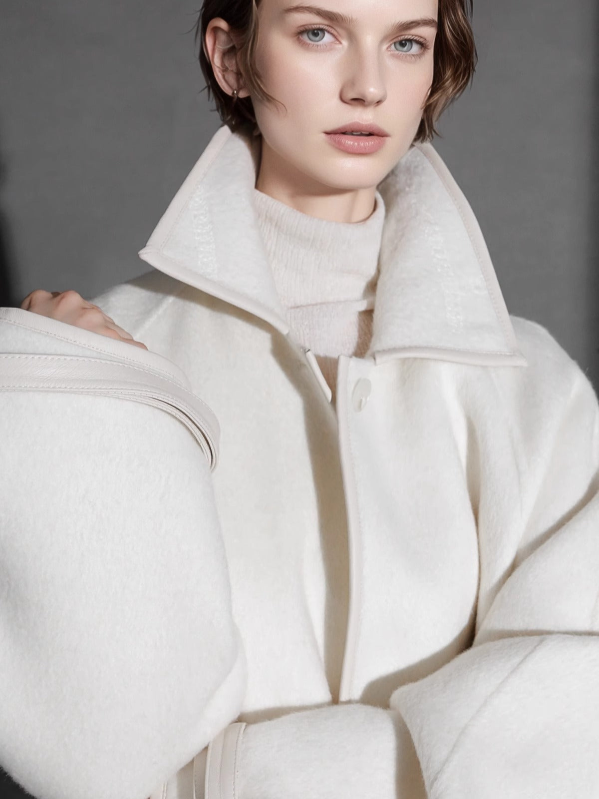 Chain Pattern Wool Coat for Women – Double-Faced Alpaca Wool Overcoat with Leather Trim, Chic Oversized Silhouette Winter Outerwear