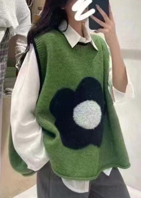 Pink O Neck Green Patchwork Knit Vest Sleeveless