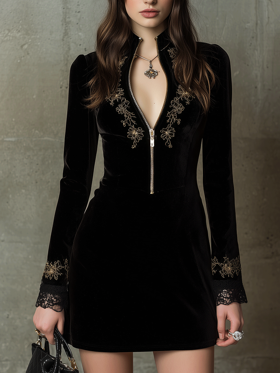 Elegant Vintage Black Velvet Gold Embroidery And Zip Front Mini Dress