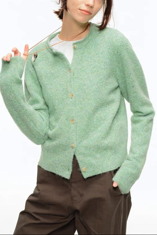 Green Wool Blend Crew Neck Knit Cardigan