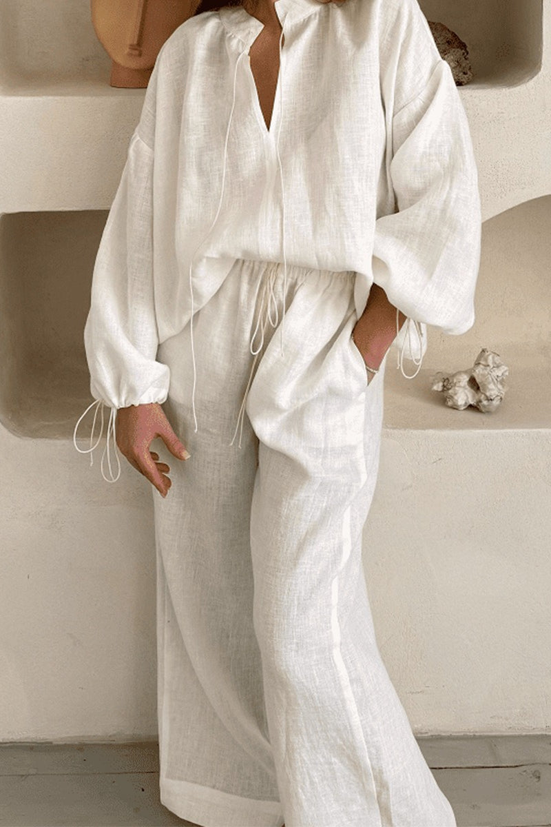 Tie Neck Balloon Sleeve Top Wide Leg Pants Set