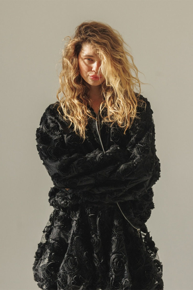 Floral Applique Zip Jacket Shorts Set