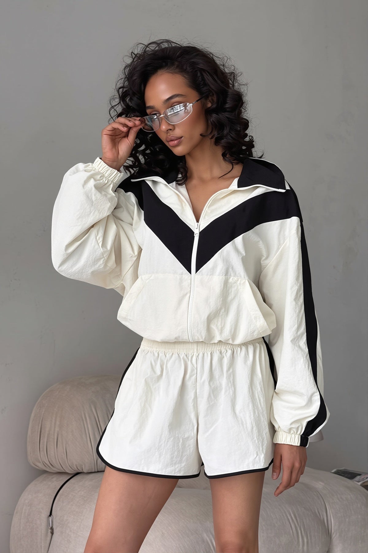 Color Block Windbreaker and Runner Shorts Set