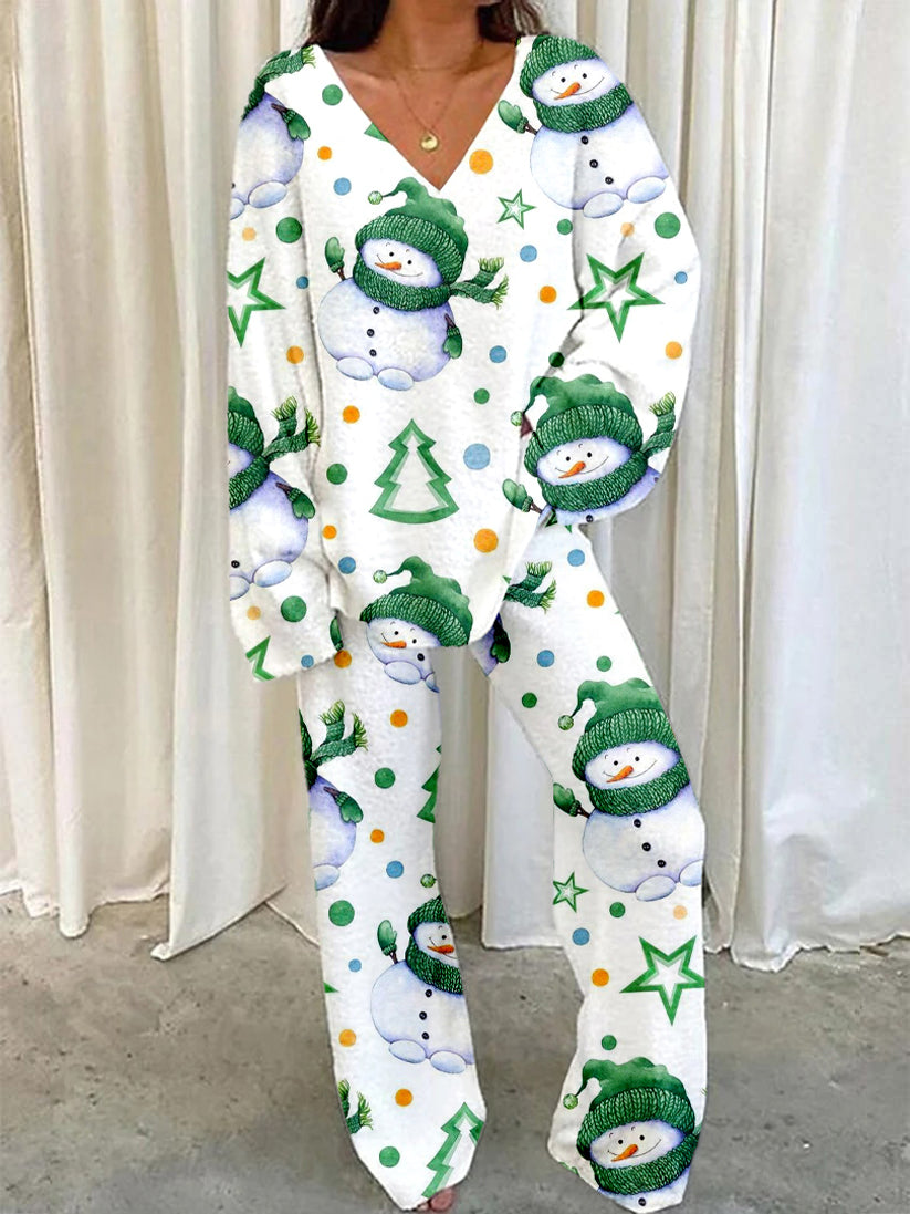 Women's Green Christmas Snowman Print Home V Neck Long Sleeve Suit