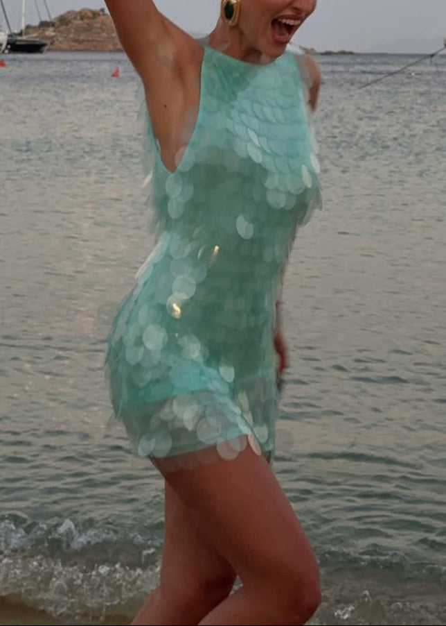 Light Blue Large Sequin Backless Vacation Mini Dress