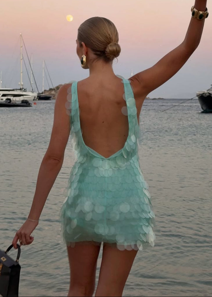 Light Blue Large Sequin Backless Vacation Mini Dress