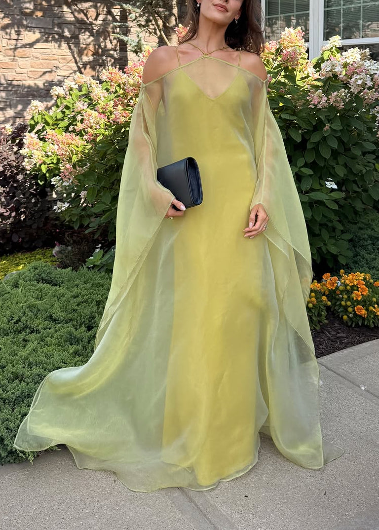 Sheer Chartreuse Cold-Shoulder Cape Maxi Dress