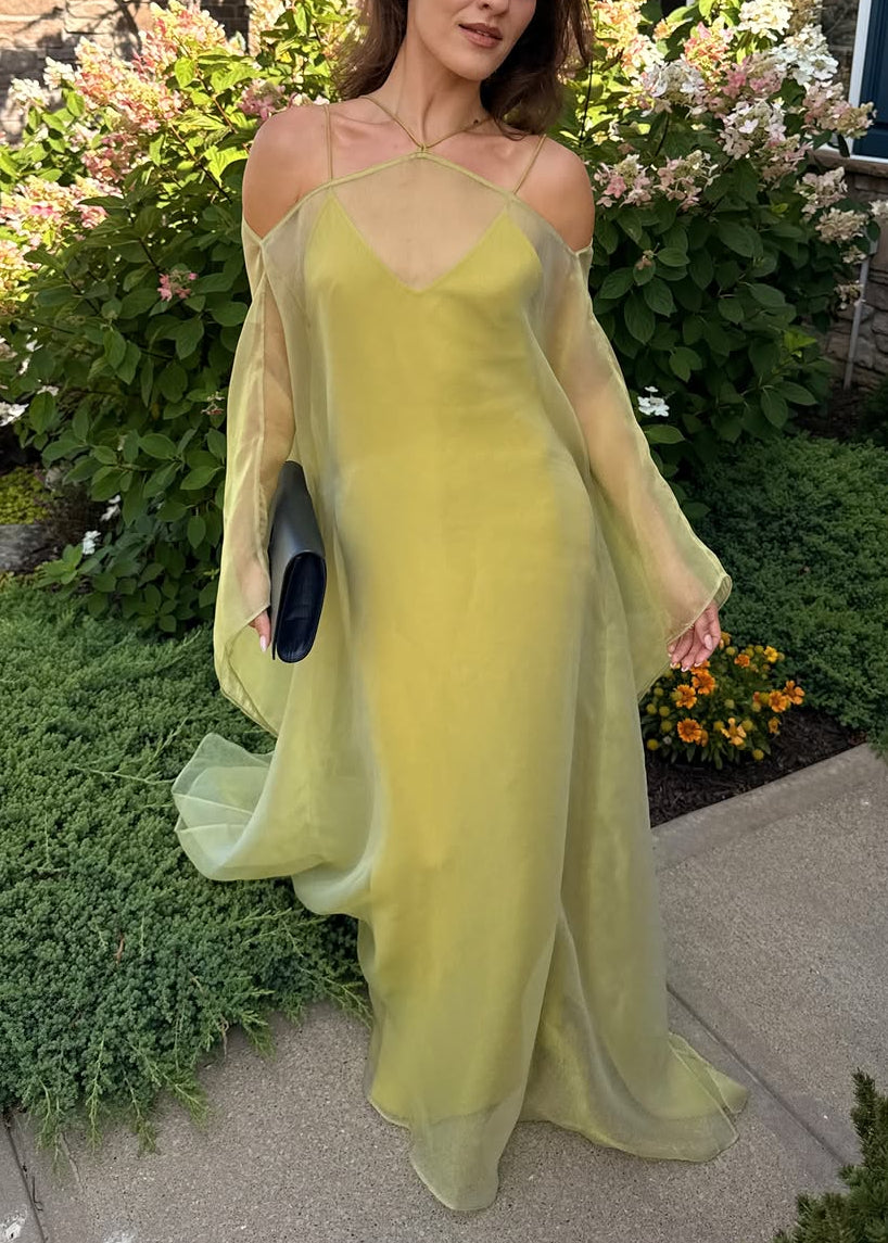 Sheer Chartreuse Cold-Shoulder Cape Maxi Dress