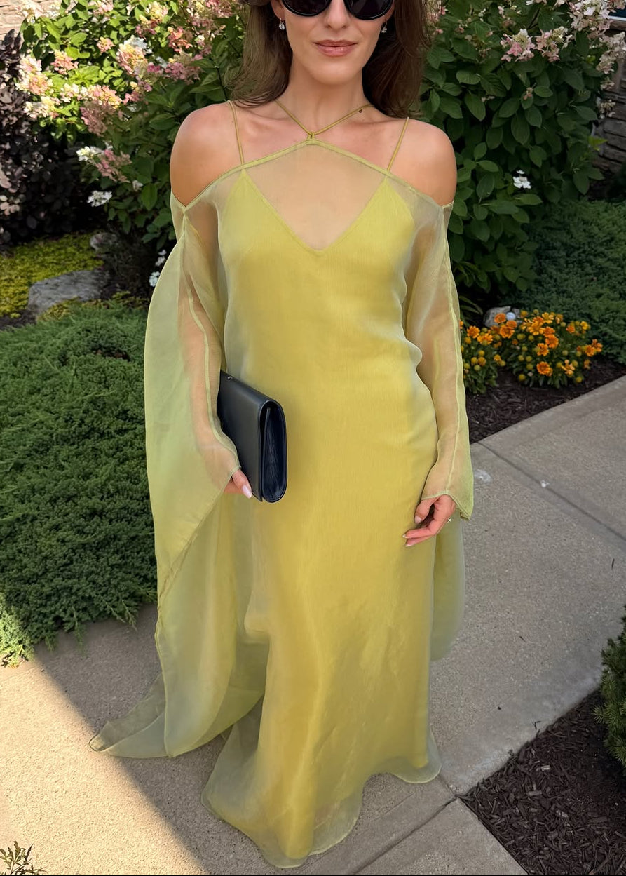 Sheer Chartreuse Cold-Shoulder Cape Maxi Dress
