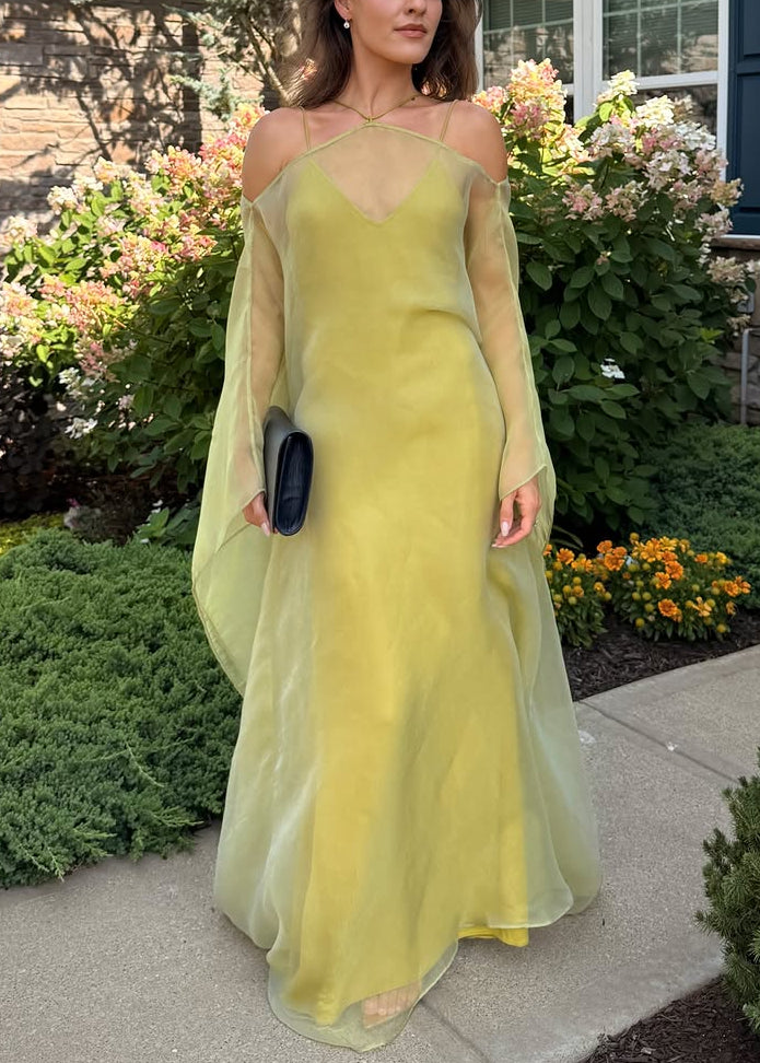 Sheer Chartreuse Cold-Shoulder Cape Maxi Dress