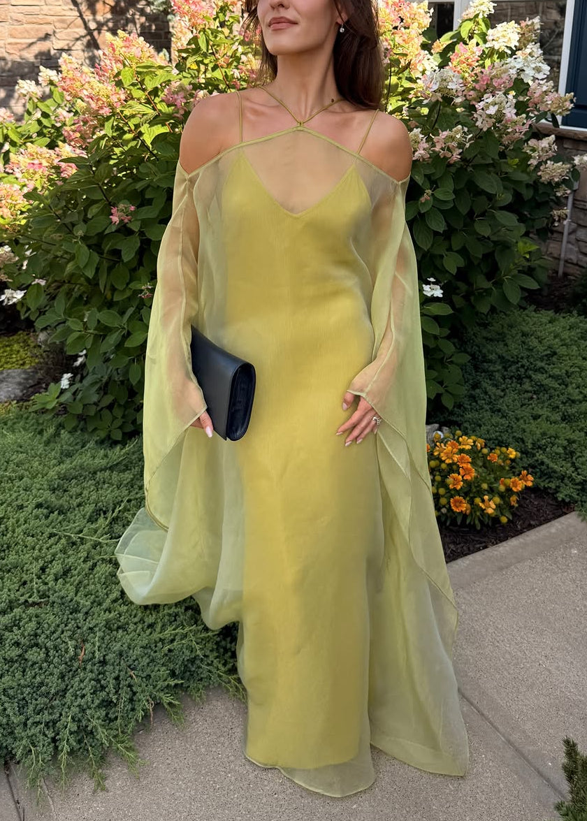Sheer Chartreuse Cold-Shoulder Cape Maxi Dress