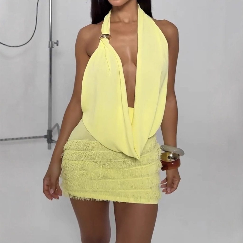 Deep V Halter Neck Draped Fringe Mini Dress