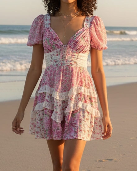 Pink floral puff sleeve dress - beach front view