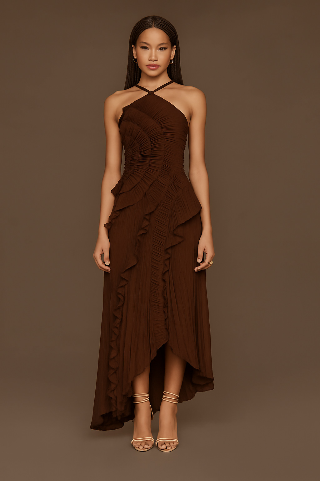 Dream Ode Lily Pad Style Pleats and Ruffles Halter Gown Maxi Dress