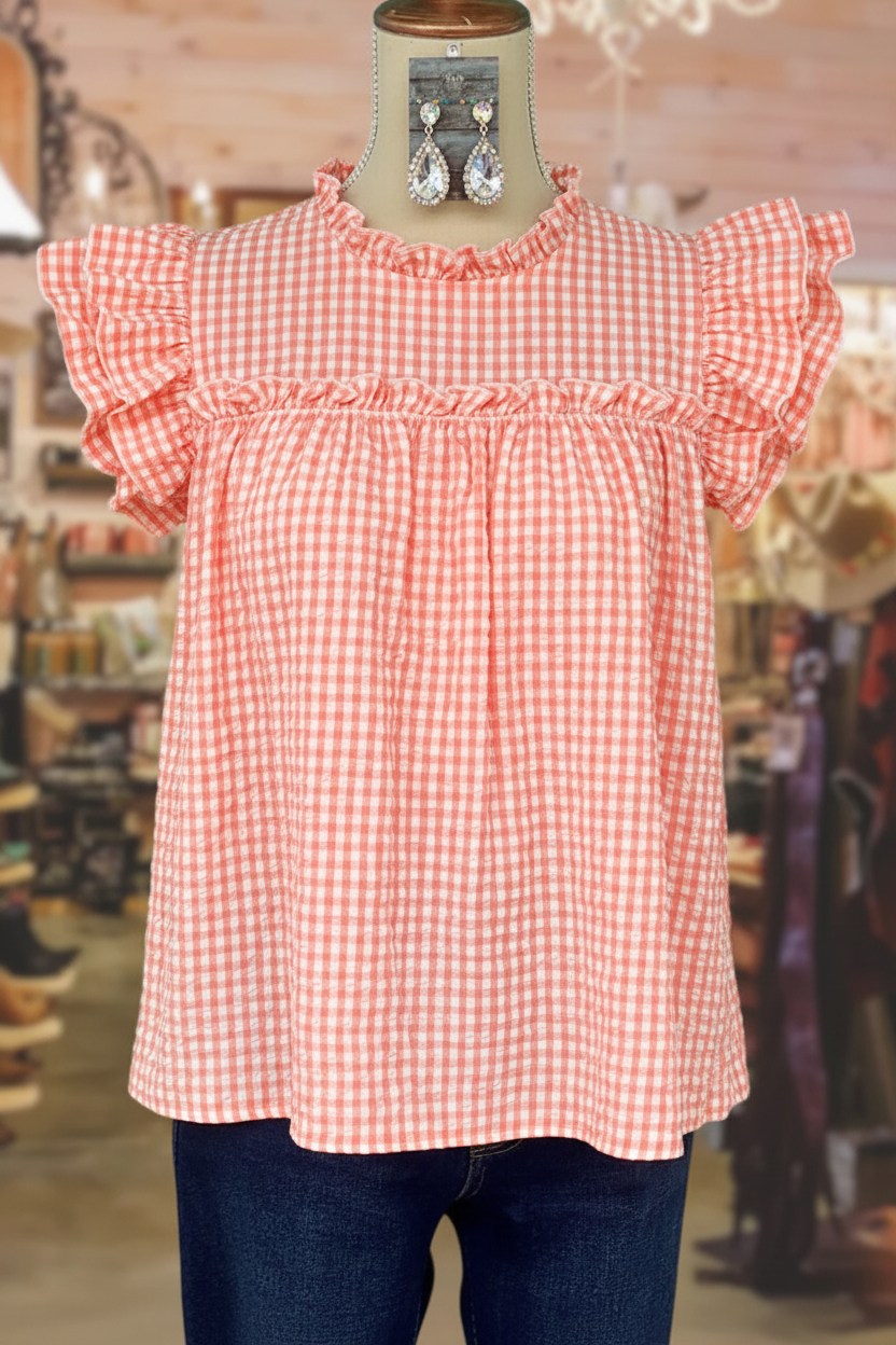 Coral & White Gingham Ruffle Babydoll Top