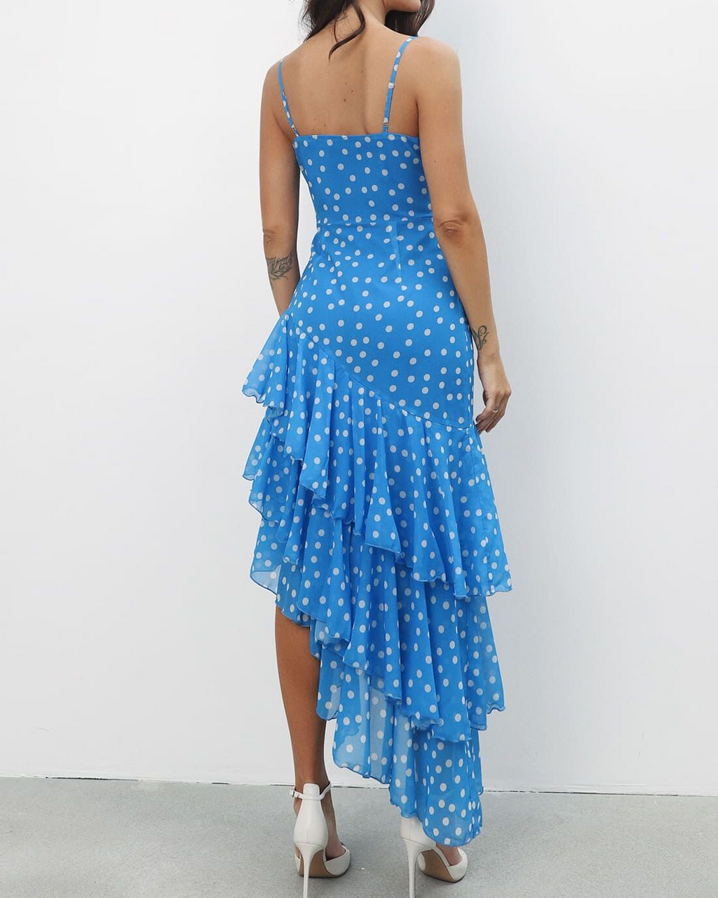 French Vintage Polka Dot Cami Waist-Cinching Asymmetric Ruffle Mermaid Maxi Dress