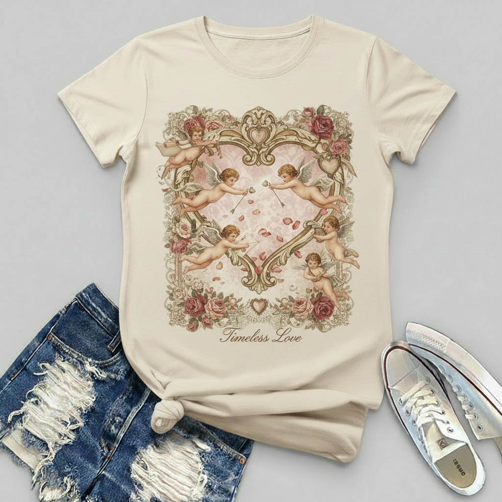 Women's Vintage Valentine's Day Timeless Love Angel Print T-shirt