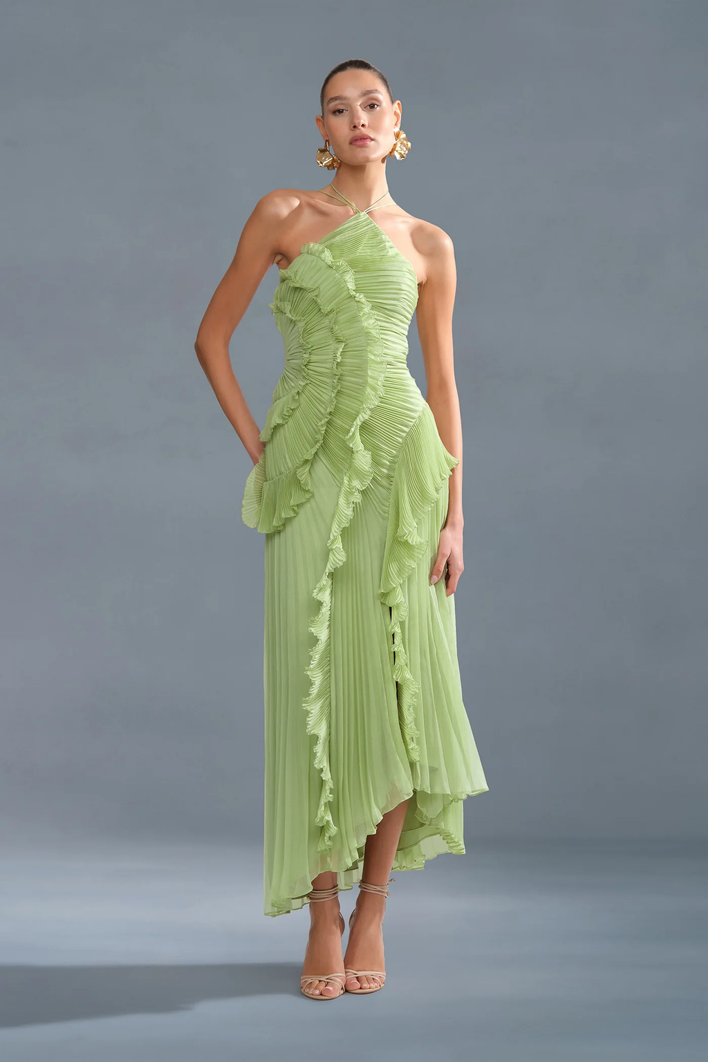 Dream Ode Lily Pad Style Pleats and Ruffles Halter Gown Maxi Dress