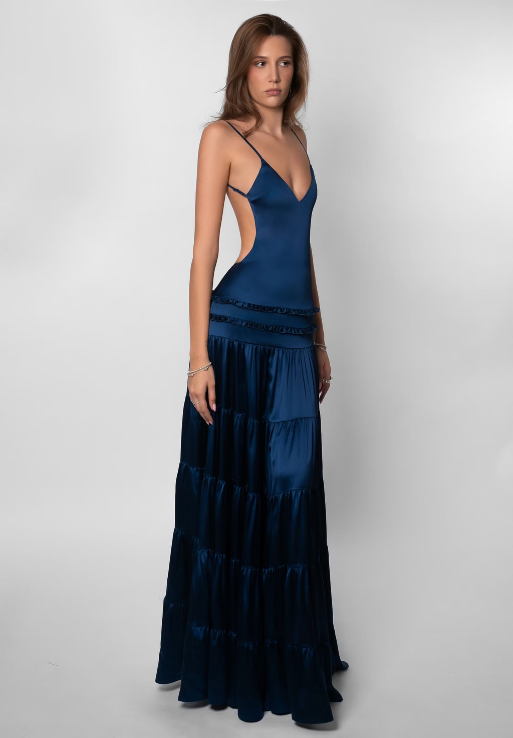 Deep V Backless Tiered Satin Maxi Dress