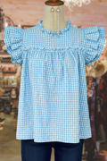 Sky Blue & White Gingham Ruffle Babydoll Top