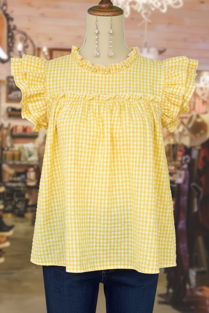 Yellow & White Gingham Ruffle Babydoll Top