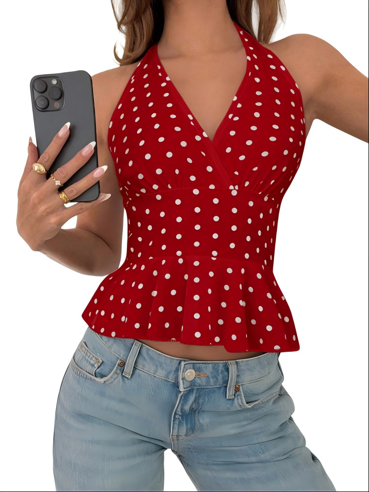 Polka Dot Halter Neck Peplum Top