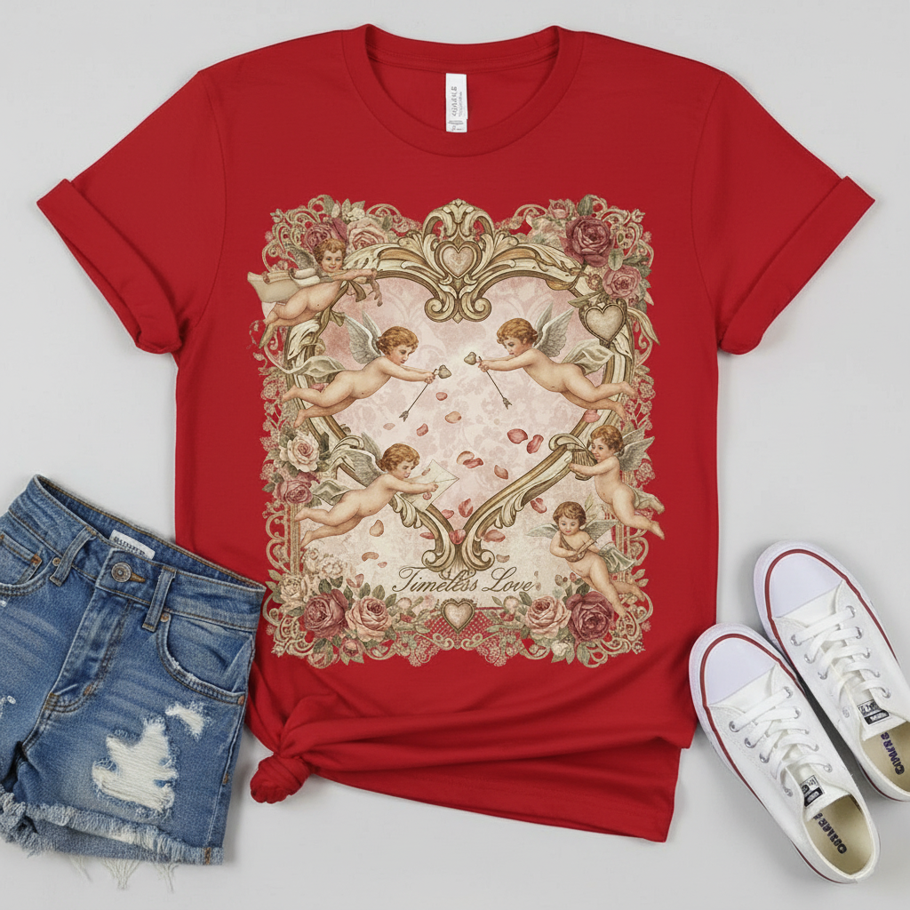 Women's Vintage Valentine's Day Timeless Love Angel Print T-shirt