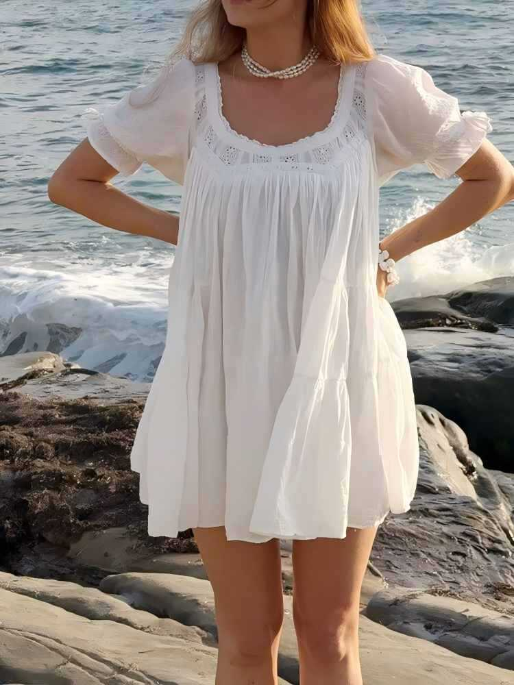 Eyelet Embroidery Puff Sleeve Babydoll Mini Dress