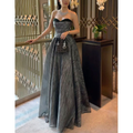 Charcoal gunmetal pleated metallic strapless ball gown - full length indoor editorial showing crystal sweetheart neckline boned bodice and voluminous A-line skirt with diamond necklace and Dior bag