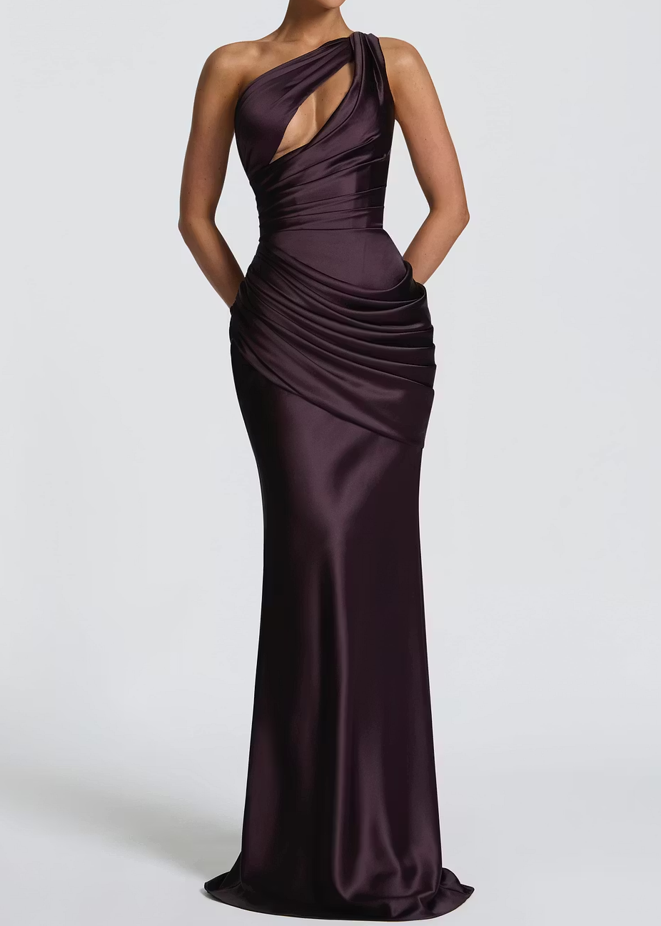One Shoulder Cutout Ruched Satin Maxi Gown