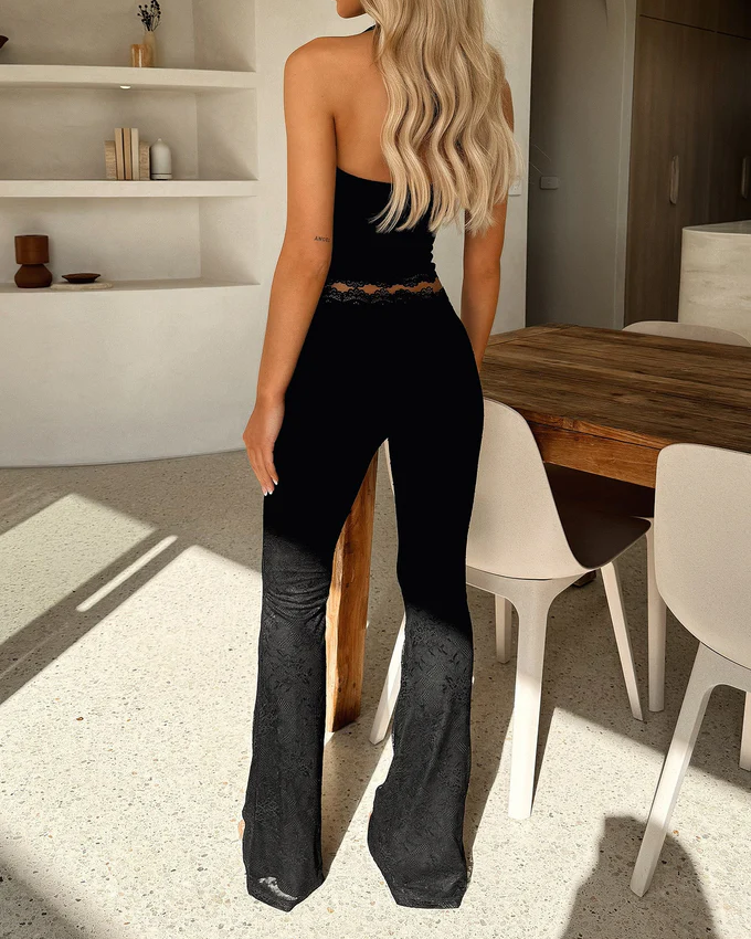Lace Trim Halter Crop Top & Flare Pants Two-Piece Set