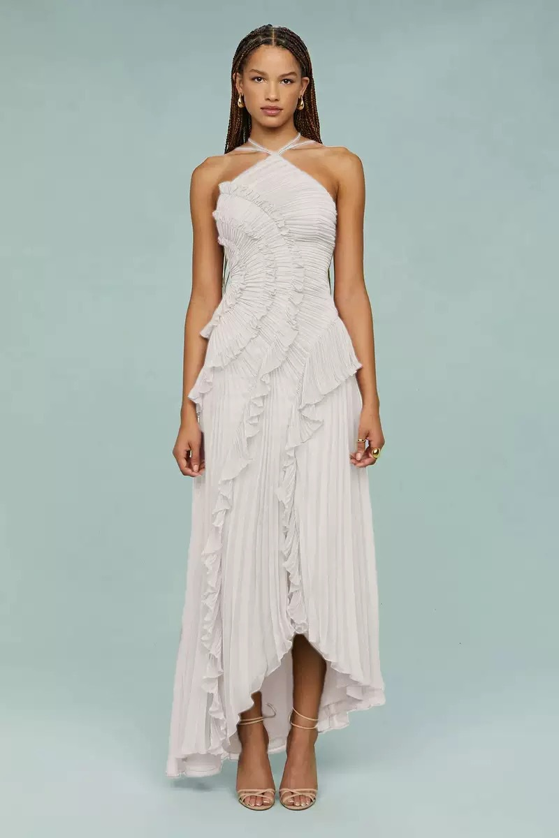 Dream Ode Lily Pad Style Pleats and Ruffles Halter Gown Maxi Dress