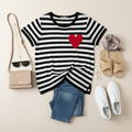 Striped Heart Patch Short Sleeve T-Shirt - French Valentine's Style