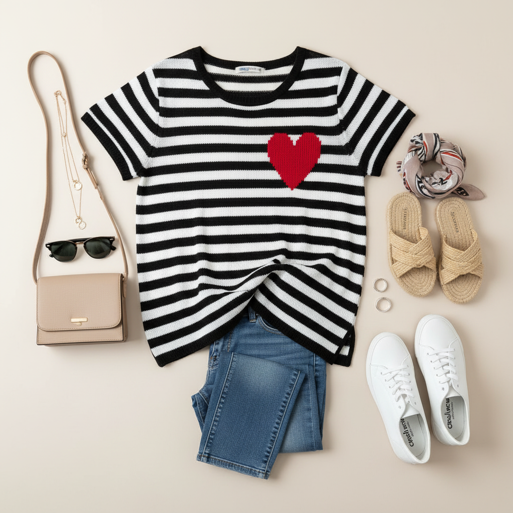 Striped Heart Patch Short Sleeve T-Shirt - French Valentine's Style