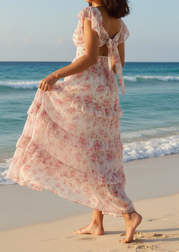 White floral ruffle maxi dress - beach back view walking shoreline