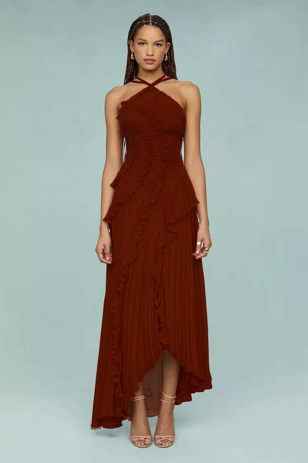 Dream Ode Lily Pad Style Pleats and Ruffles Halter Gown Maxi Dress