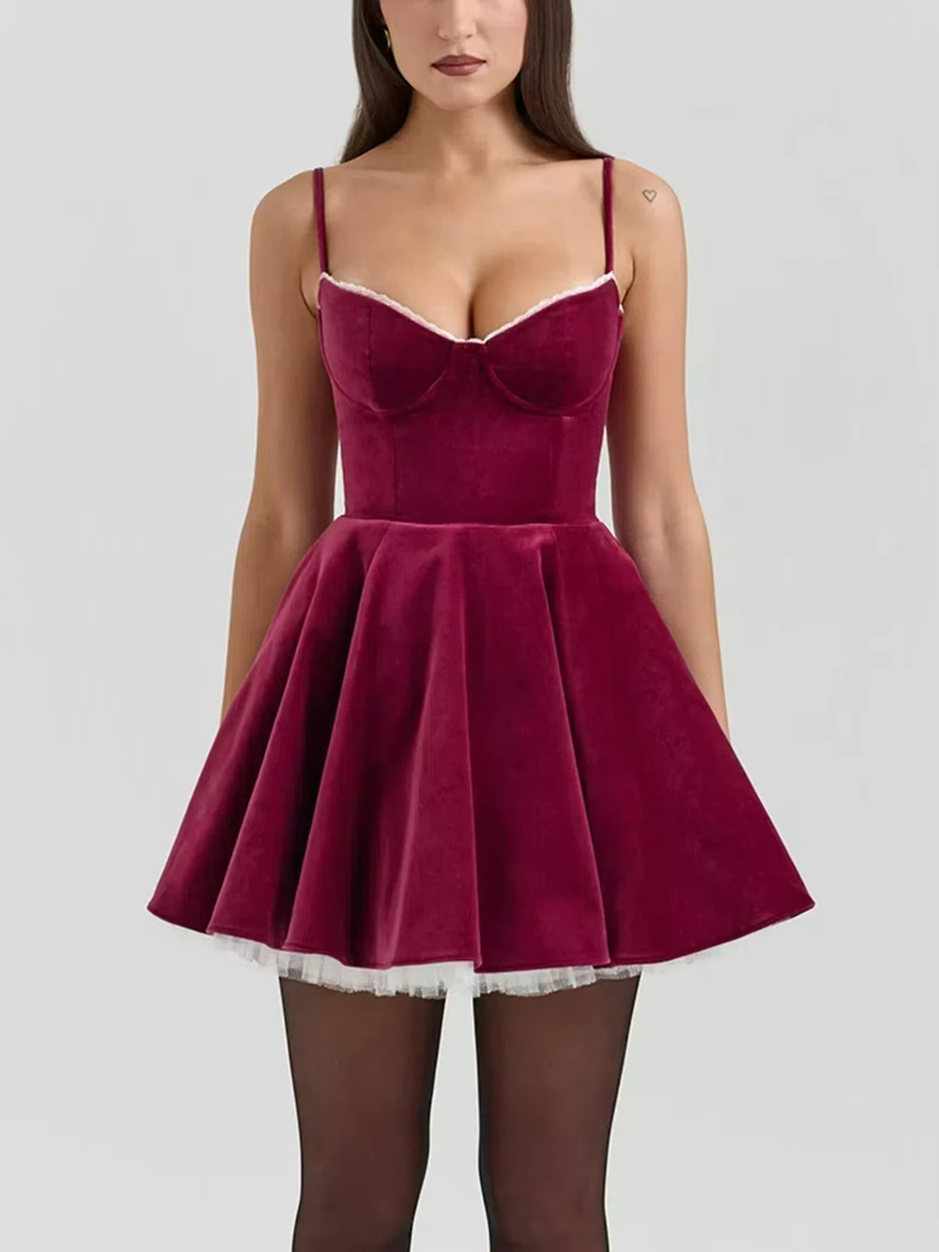 Velvet Bustier Lace Trim Skater Mini Dress