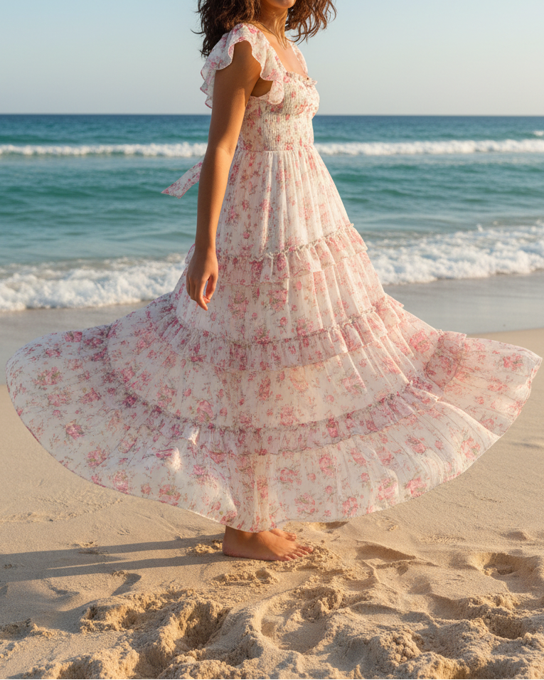White floral ruffle maxi dress - beach front view twirling