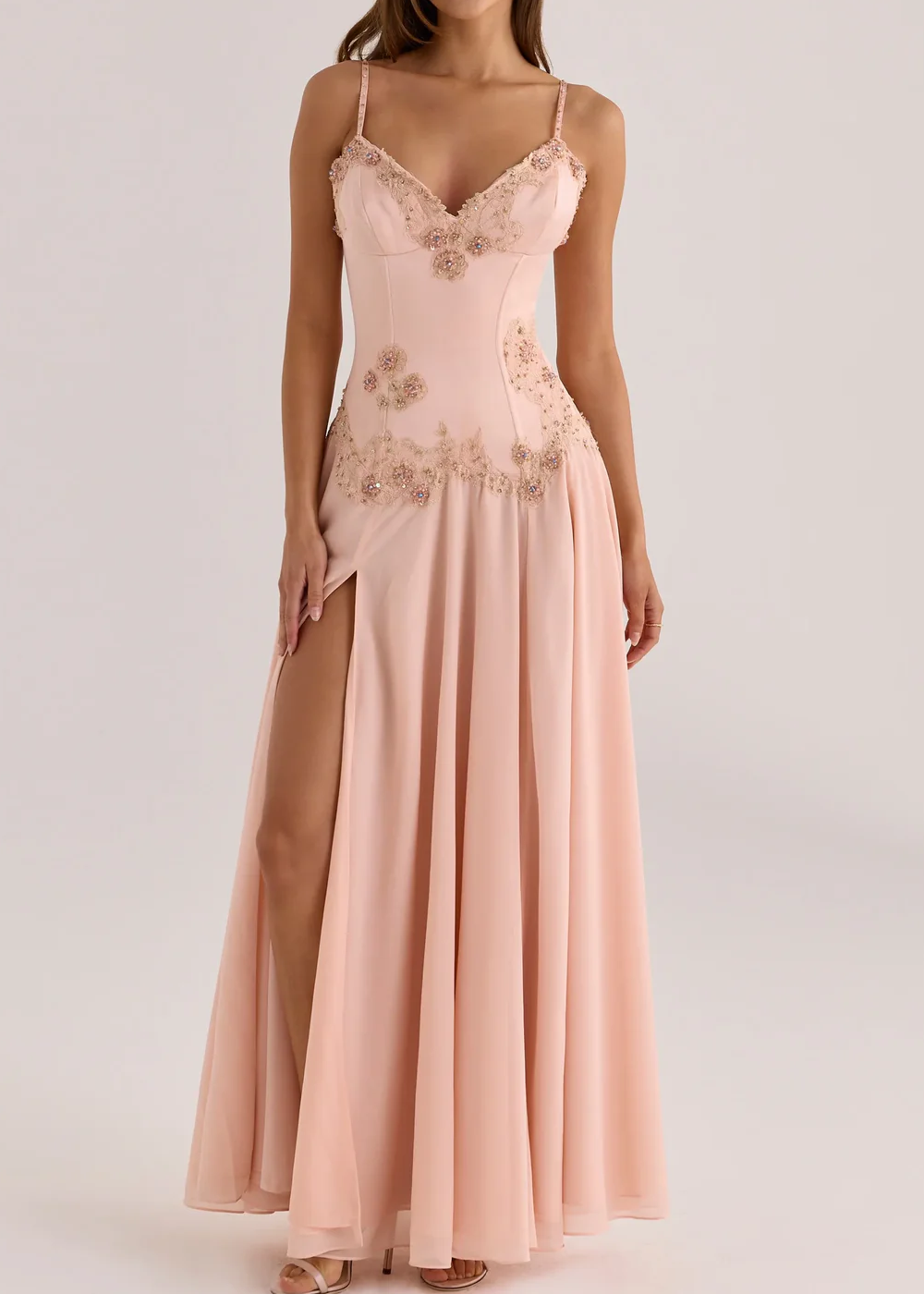 Rose Gold Embroidered Corset Slit Maxi Gown