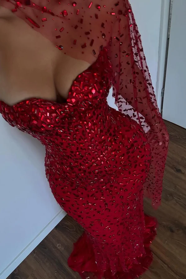 Crystal Beaded Sweetheart Mermaid Gown with Cape Sleeve