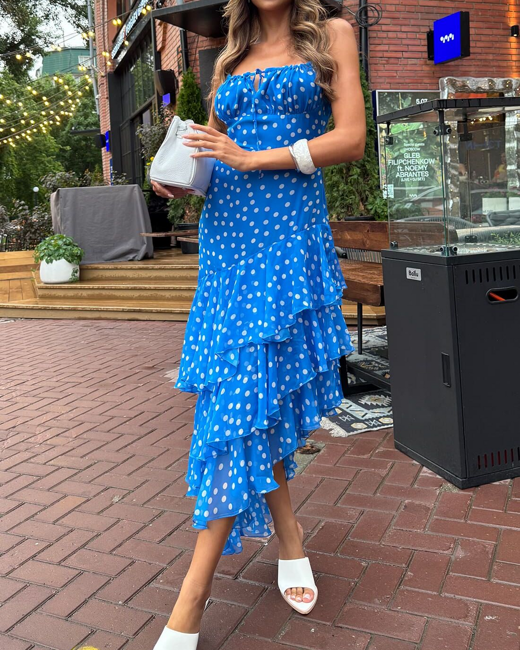 French Vintage Polka Dot Cami Waist-Cinching Asymmetric Ruffle Mermaid Maxi Dress