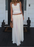 Off-White Decor Halter Backless Ruched Top & Flowy Maxi Skirt Vacation Two-Piece Set