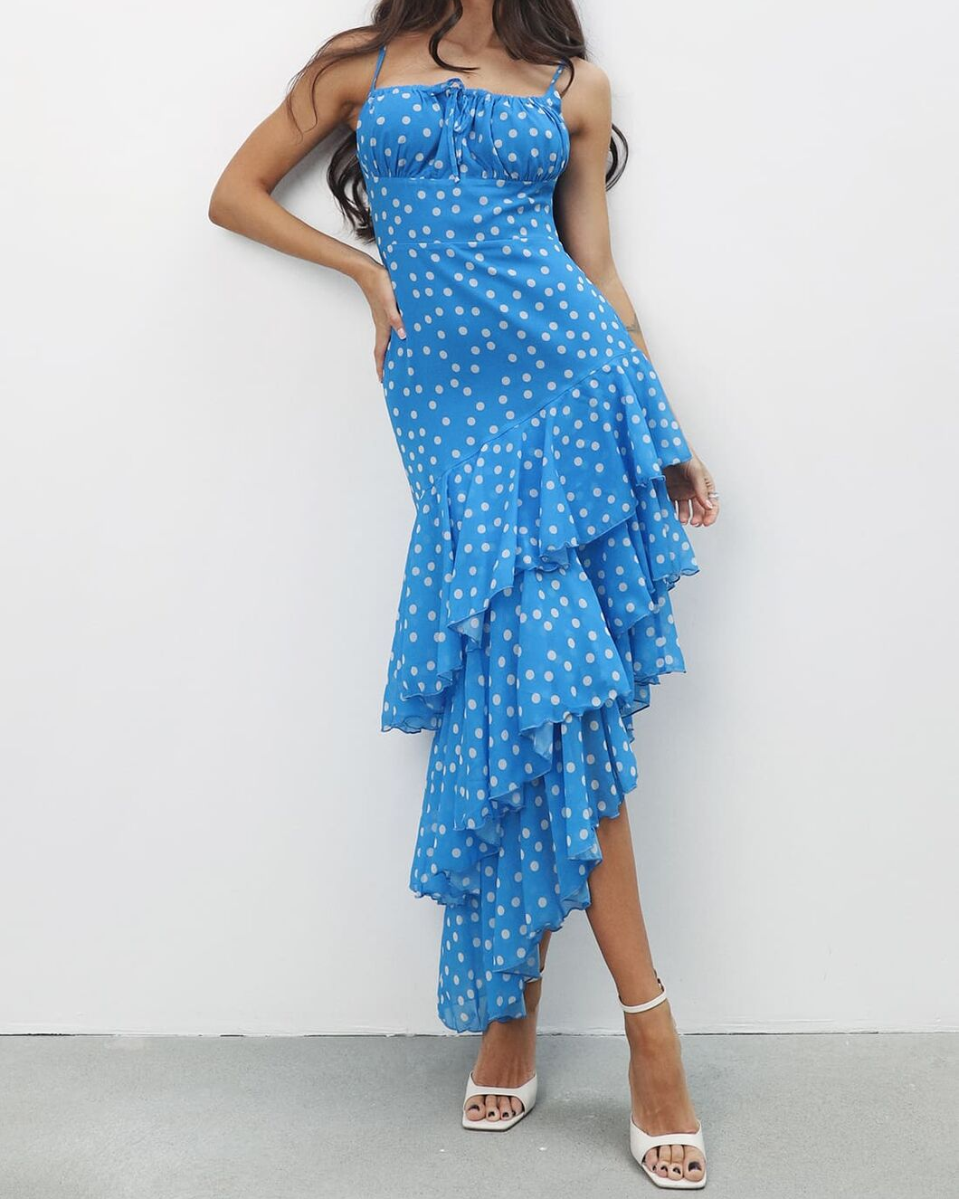 French Vintage Polka Dot Cami Waist-Cinching Asymmetric Ruffle Mermaid Maxi Dress