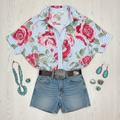 Striped Roses Print Short Sleeve Button-Down Shirt - Romantic Valentine's Style