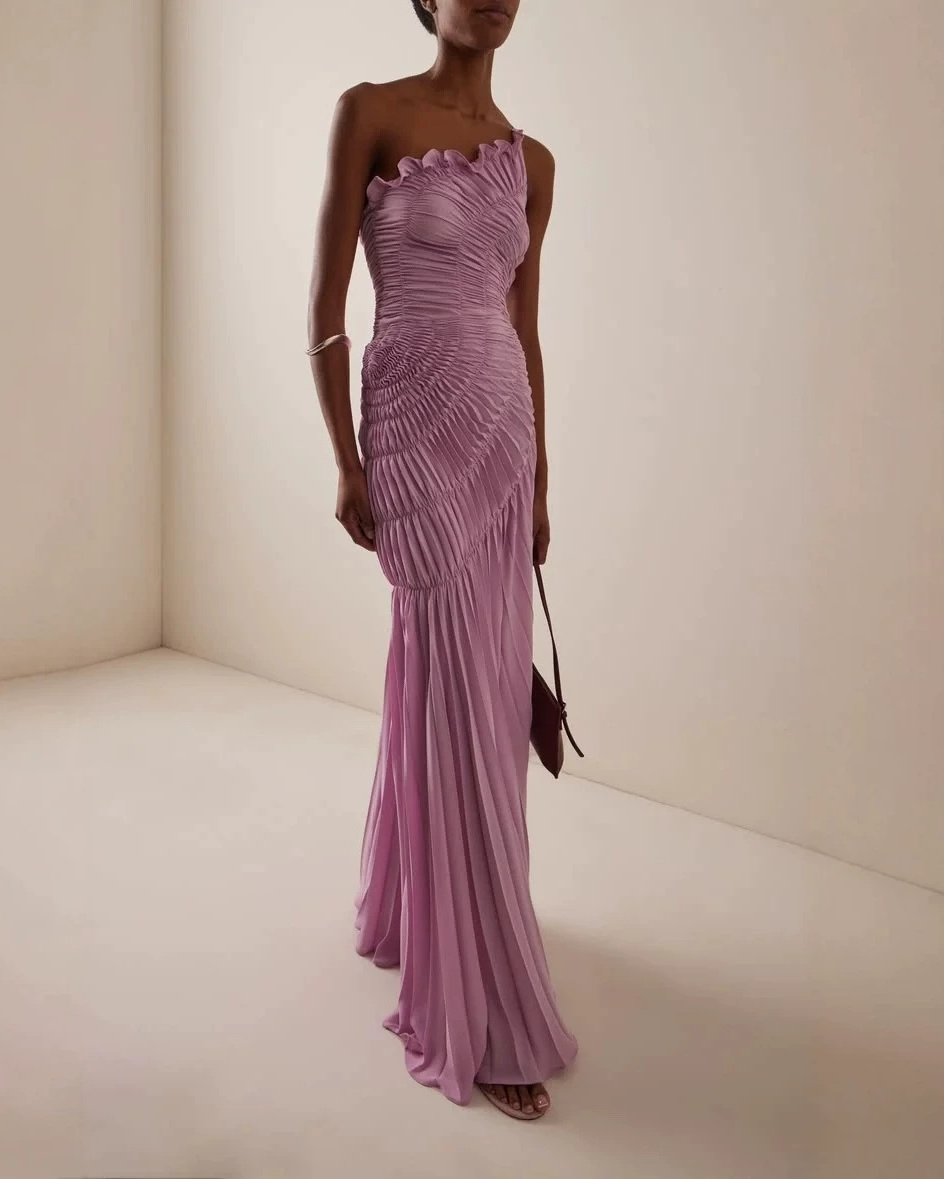 Lilac one shoulder ruffle trim pleated maxi dress, full-length front view